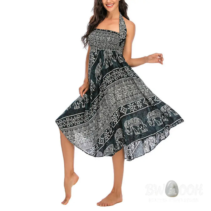 Buddha Stones Two Style Wear Boho Elephant Geometry Lace-up Skirt Dress - Skirt&amp;Dress