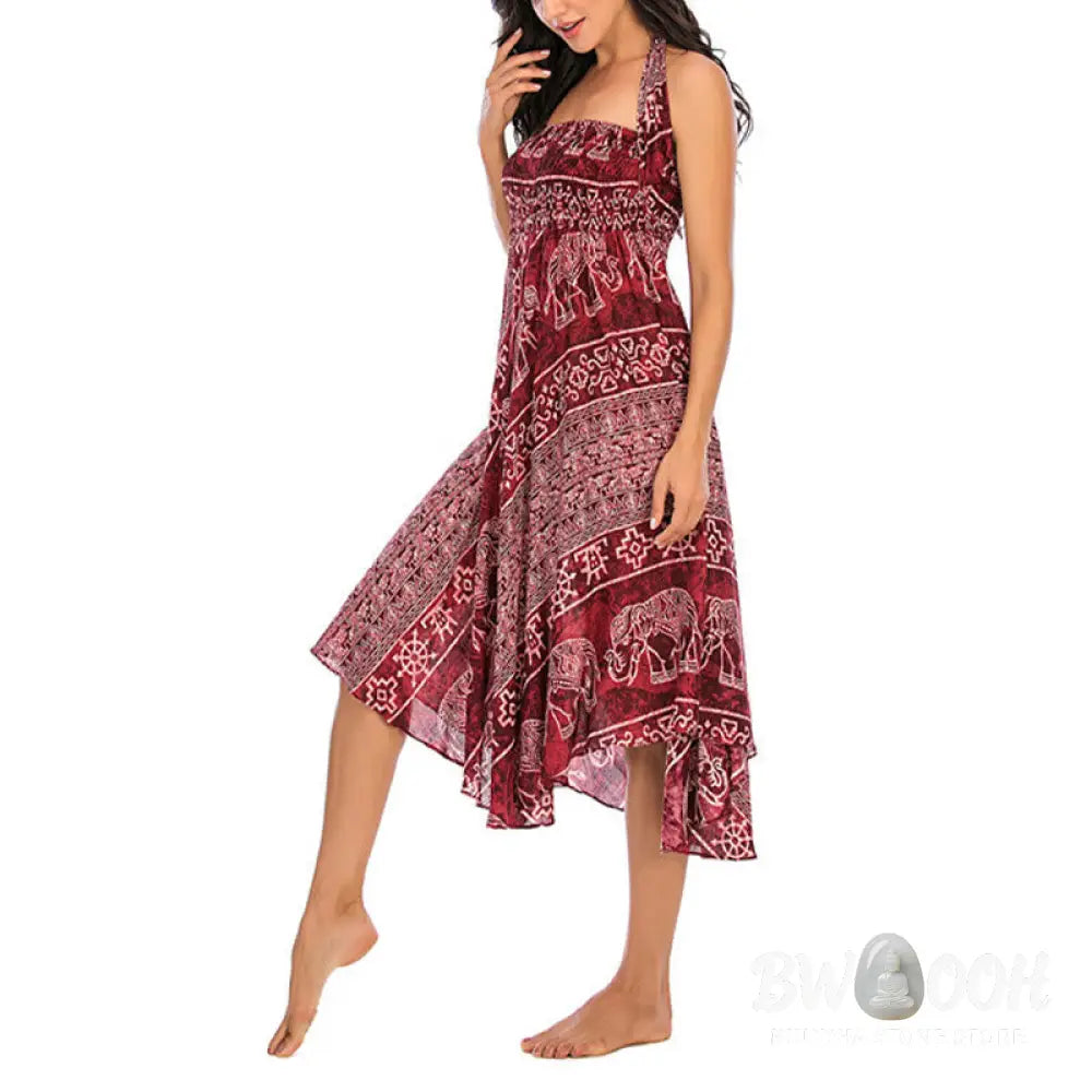 Buddha Stones Two Style Wear Boho Elephant Geometry Lace-up Skirt Dress - Skirt&amp;Dress