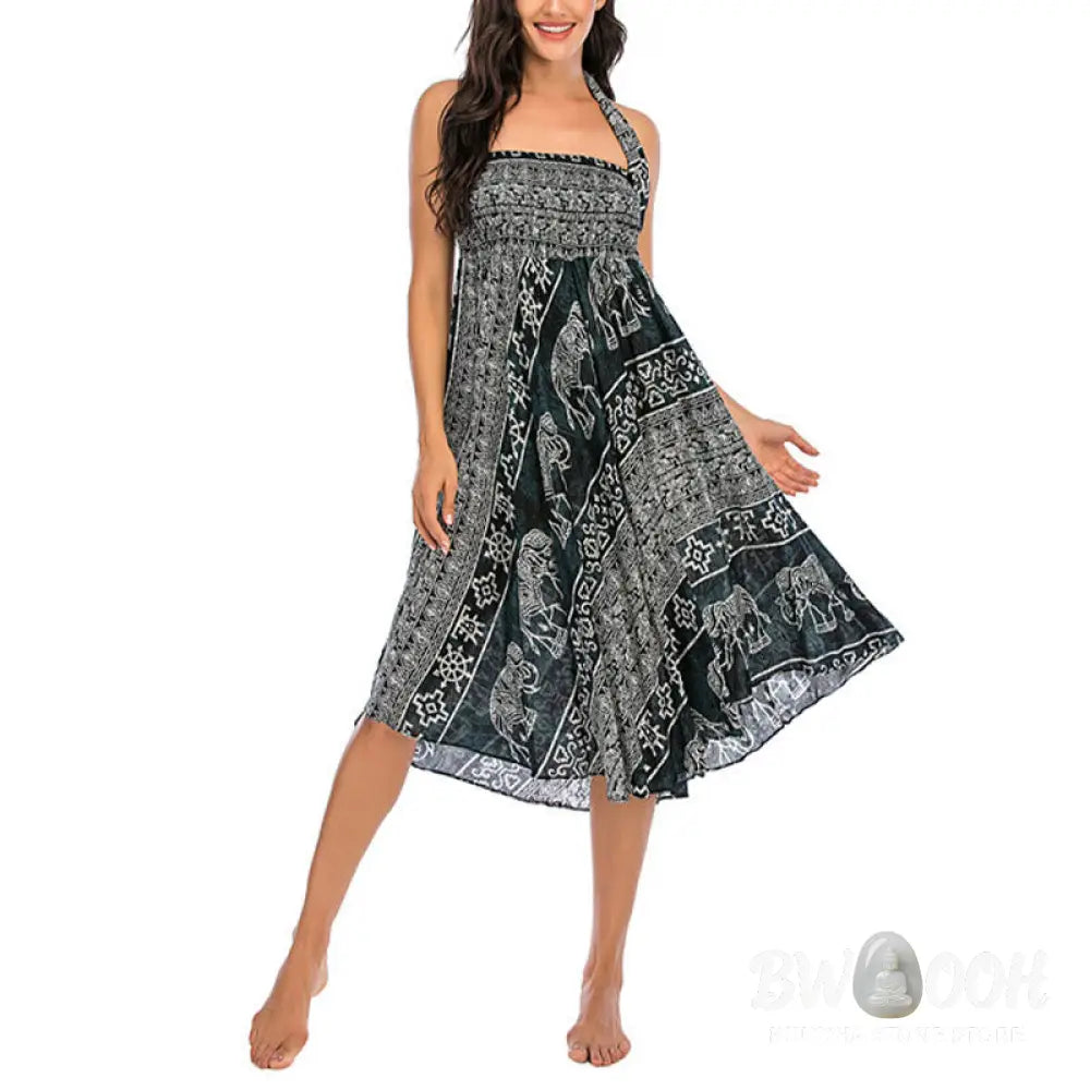 Buddha Stones Two Style Wear Boho Elephant Geometry Lace-up Skirt Dress - Skirt&amp;Dress