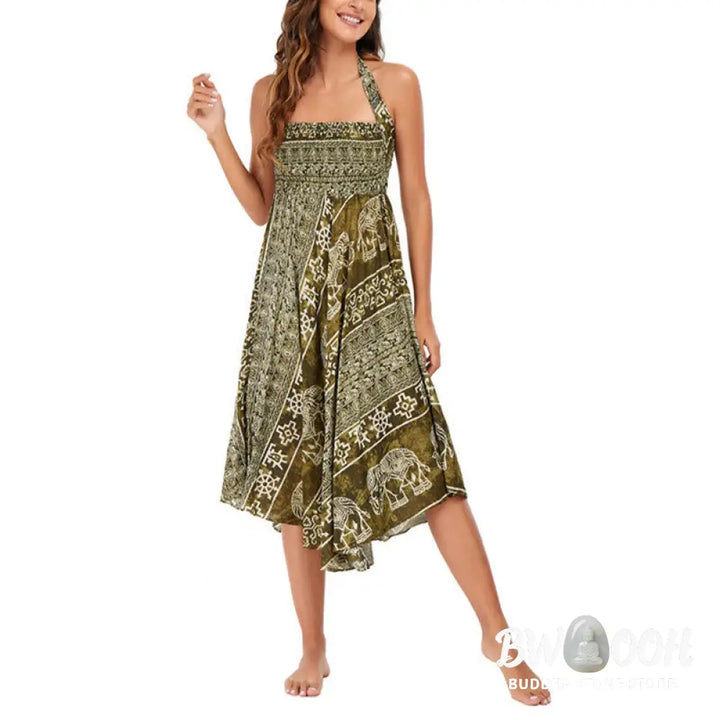 Buddha Stones Two Style Wear Boho Elephant Geometry Lace-up Skirt Dress - Skirt&amp;Dress