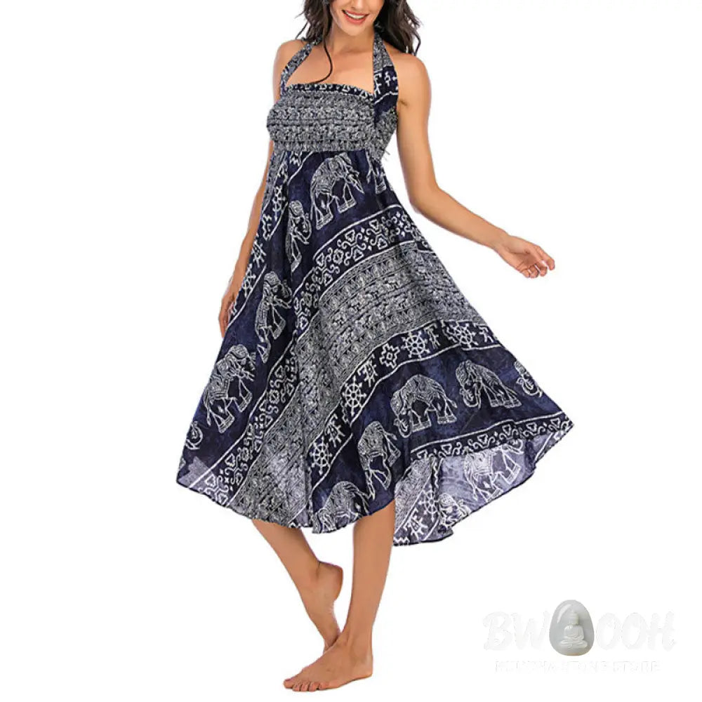Buddha Stones Two Style Wear Boho Elephant Geometry Lace-up Skirt Dress - Skirt&amp;Dress