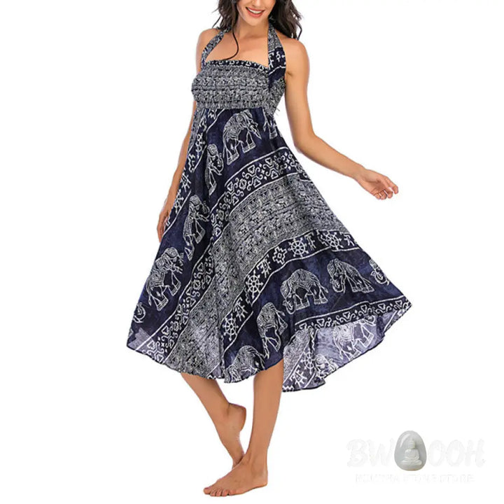 Buddha Stones Two Style Wear Boho Elephant Geometry Lace-up Skirt Dress - Skirt&amp;Dress