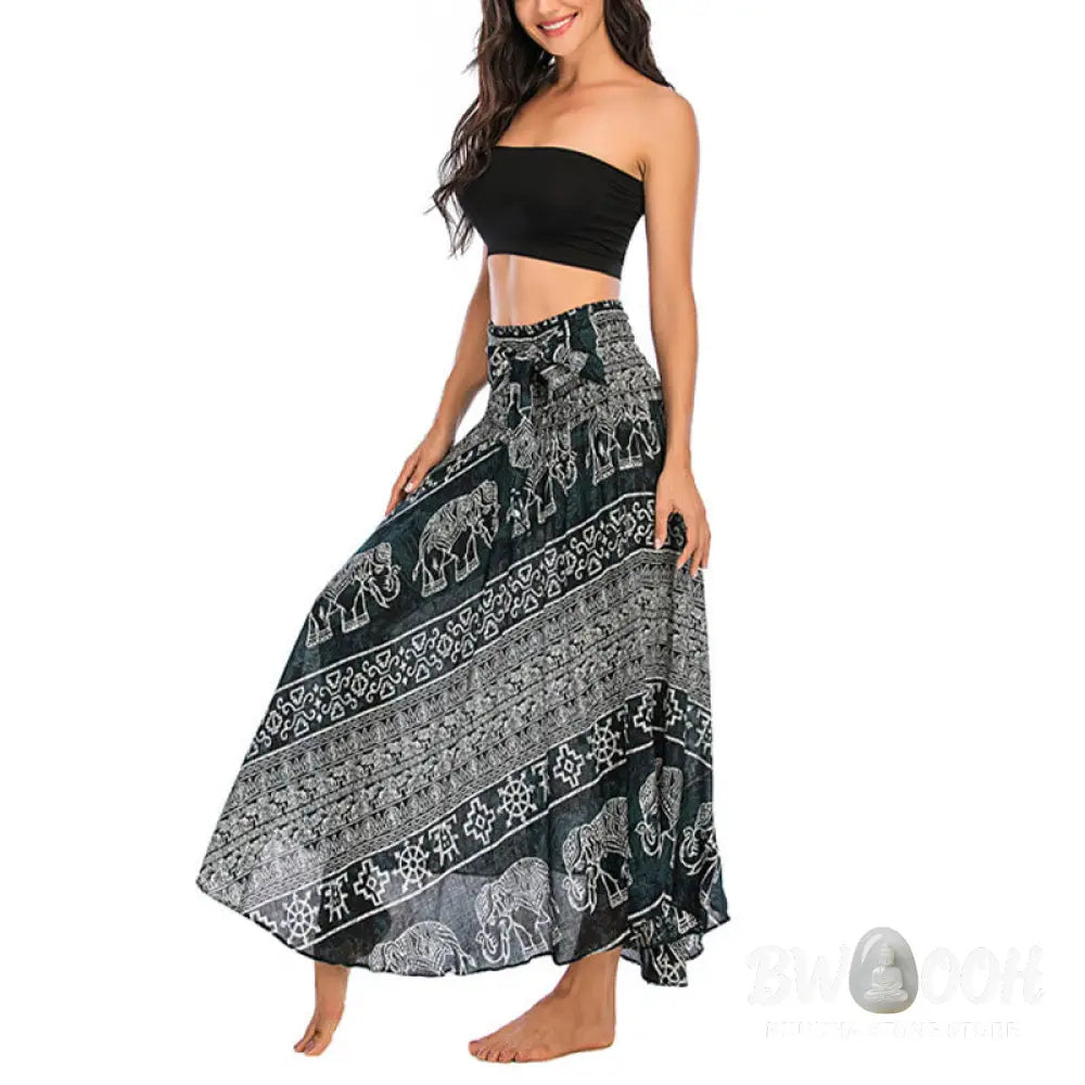 Buddha Stones Two Style Wear Boho Elephant Geometry Lace-up Skirt Dress - Skirt&amp;Dress