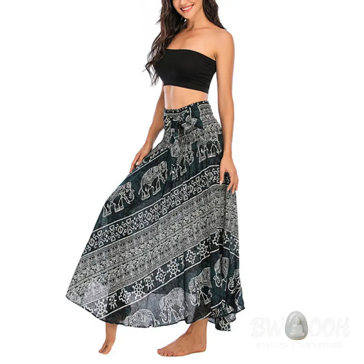 Buddha Stones Two Style Wear Boho Elephant Geometry Lace-up Skirt Dress - Skirt&amp;Dress