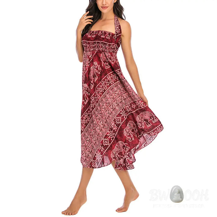 Buddha Stones Two Style Wear Boho Elephant Geometry Lace-up Skirt Dress - Skirt&amp;Dress