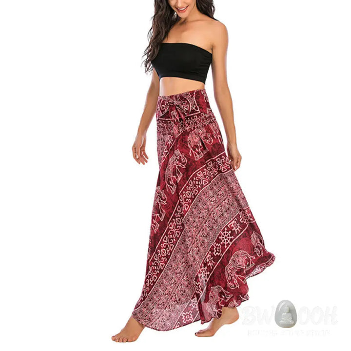 Buddha Stones Two Style Wear Boho Elephant Geometry Lace-up Skirt Dress - Skirt&amp;Dress
