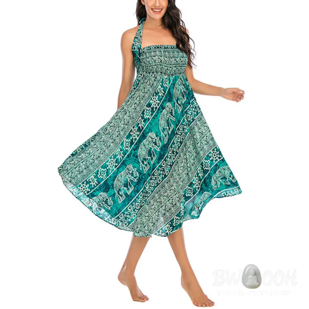 Buddha Stones Two Style Wear Boho Elephant Geometry Lace-up Skirt Dress - Skirt&amp;Dress