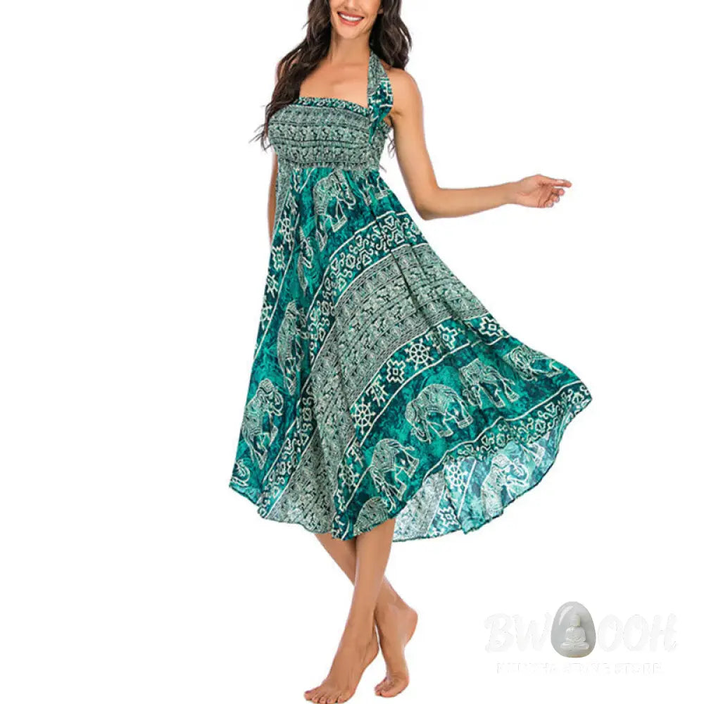 Buddha Stones Two Style Wear Boho Elephant Geometry Lace-up Skirt Dress - Skirt&amp;Dress