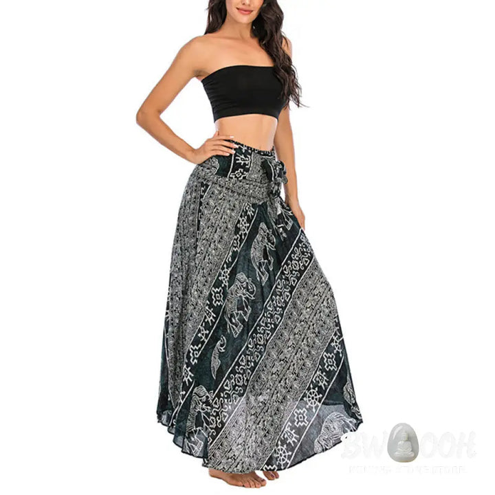 Buddha Stones Two Style Wear Boho Elephant Geometry Lace-up Skirt Dress - Skirt&amp;Dress