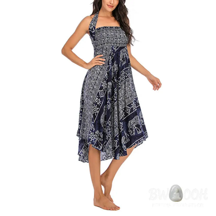 Buddha Stones Two Style Wear Boho Elephant Geometry Lace-up Skirt Dress - Skirt&amp;Dress