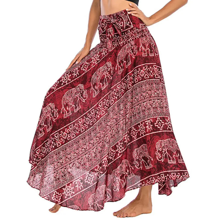 Buddha Stones Two Style Wear Boho Elephant Geometry Lace-up Skirt Dress - Crimson / US4-12，UK/AU8-16，EU36-44 (F)