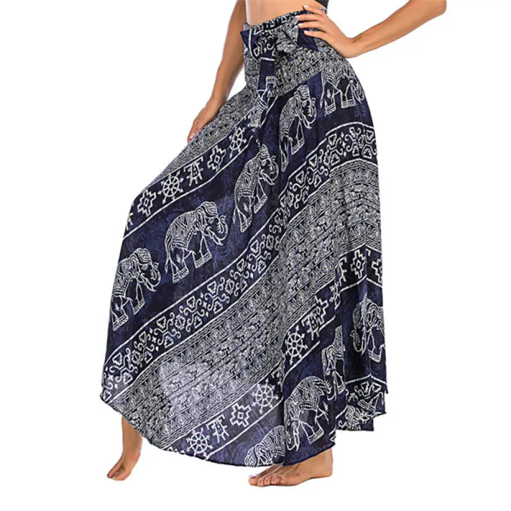 Buddha Stones Two Style Wear Boho Elephant Geometry Lace-up Skirt Dress - DarkSlateBlue / US4-12，UK/AU8-16，EU36-44 (F)