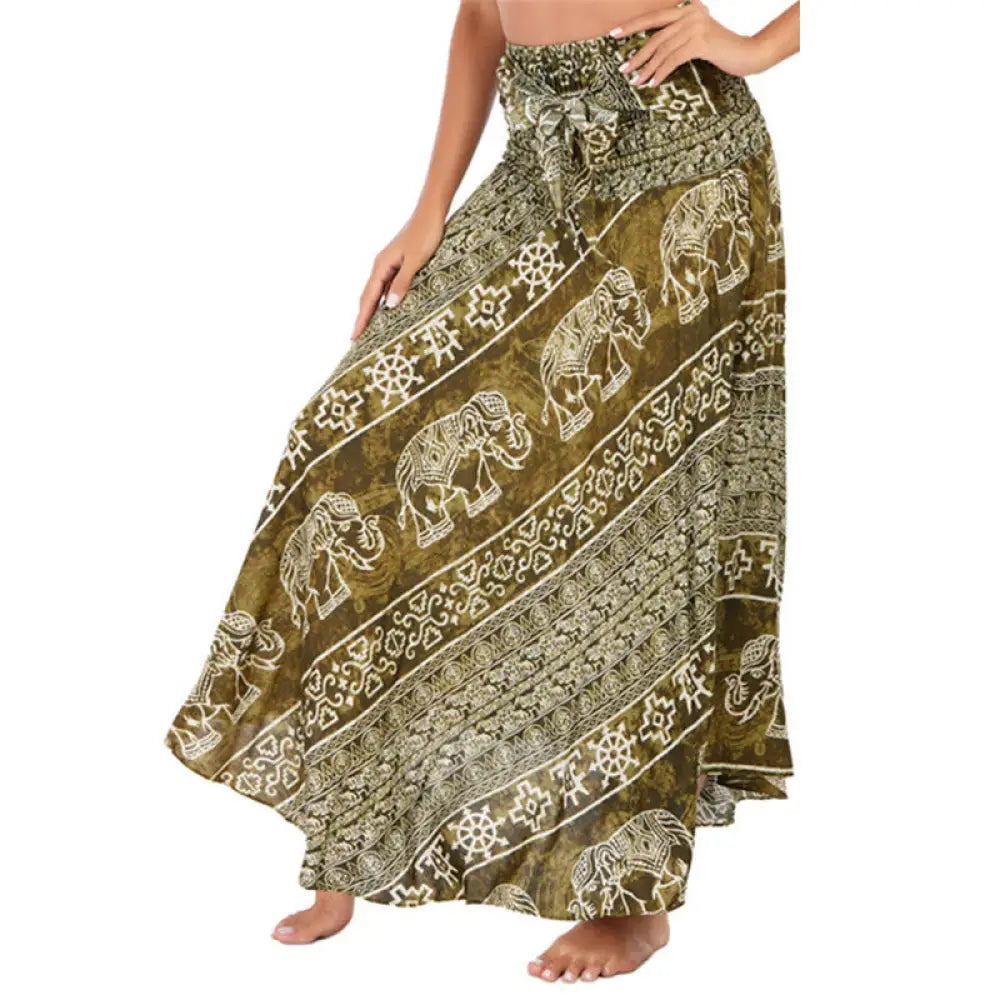 Buddha Stones Two Style Wear Boho Elephant Geometry Lace-up Skirt Dress - OliveDrab / US4-12，UK/AU8-16，EU36-44 (F)