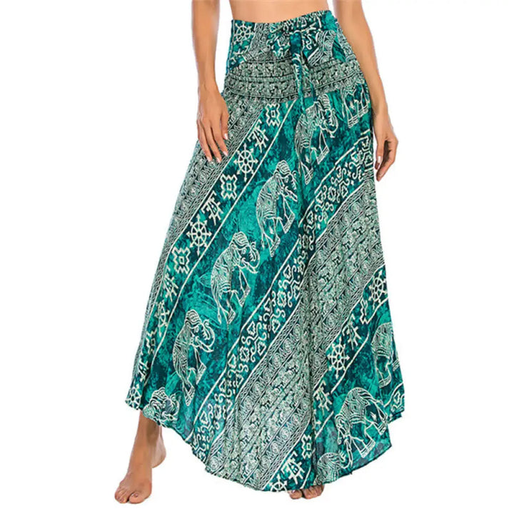 Buddha Stones Two Style Wear Boho Elephant Geometry Lace-up Skirt Dress - Turquoise / US4-12，UK/AU8-16，EU36-44 (F)