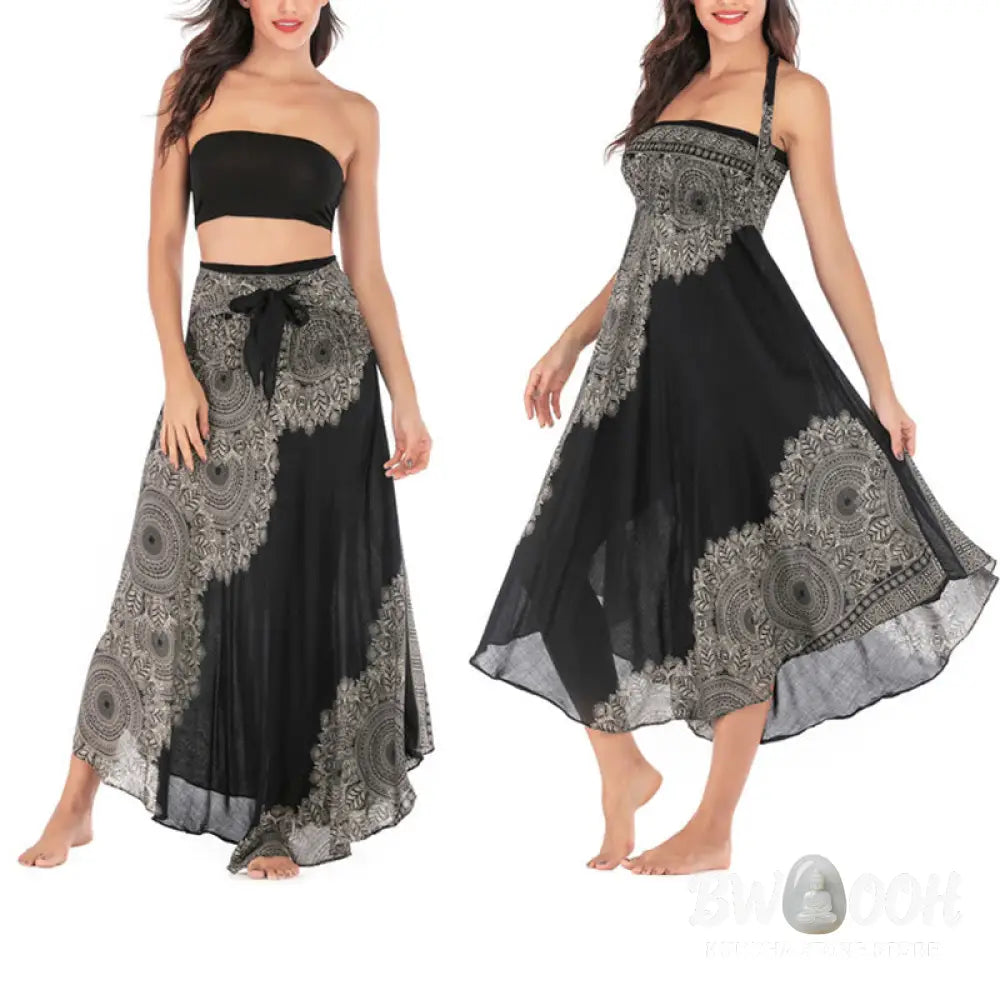 Buddha Stones Two Style Wear Boho Mandala Flower Beach Skirt Dress - Skirt&amp;Dress