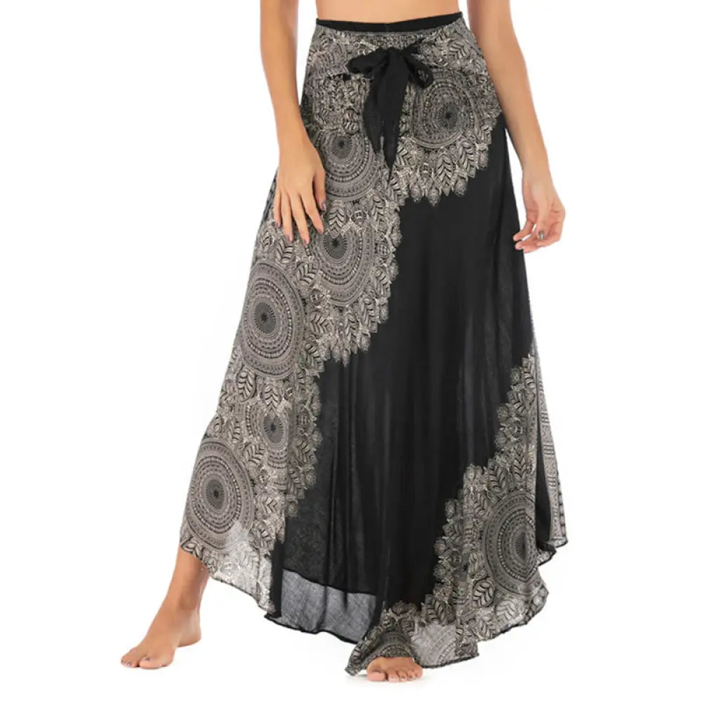 Buddha Stones Two Style Wear Boho Mandala Flower Beach Skirt Dress - Black / US4-12，UK/AU8-16，EU36-44 (F) - Skirt&amp;Dress