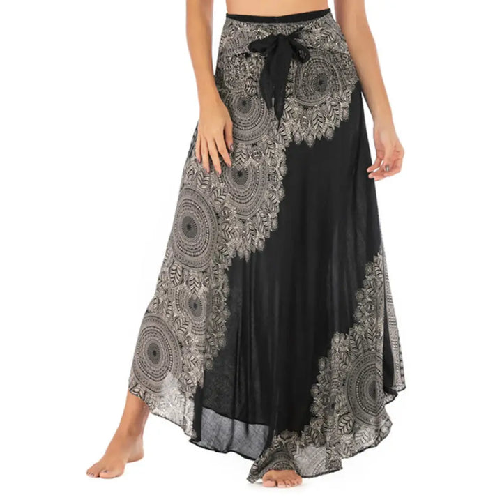 Buddha Stones Two Style Wear Boho Mandala Flower Beach Skirt Dress - Black / US4-12，UK/AU8-16，EU36-44 (F) - Skirt&amp;Dress