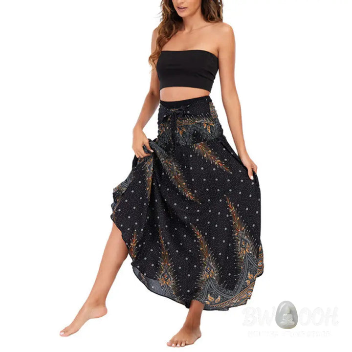 Buddha Stones Two Style Wear Boho Summer Peacock Feather Lace-up Skirt Dress - Skirt&amp;Dress