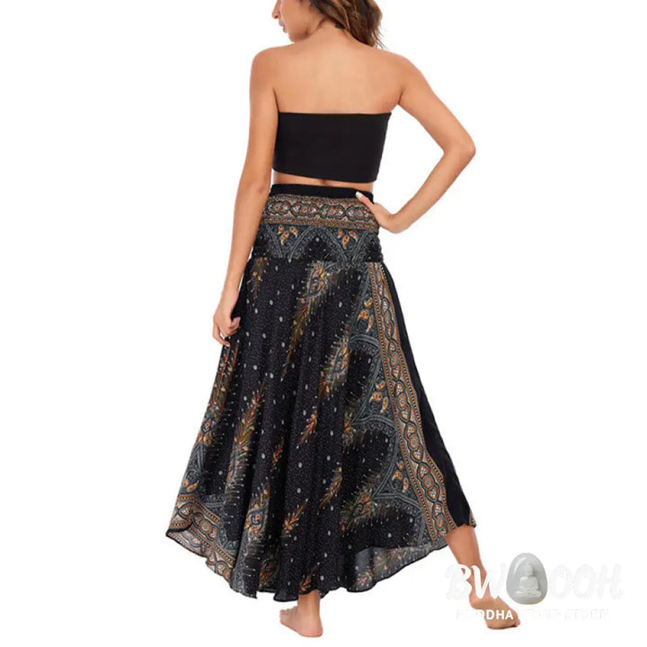 Buddha Stones Two Style Wear Boho Summer Peacock Feather Lace-up Skirt Dress - Skirt&amp;Dress
