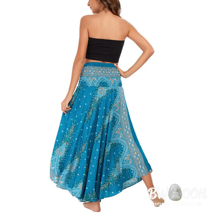 Buddha Stones Two Style Wear Boho Summer Peacock Feather Lace-up Skirt Dress - Skirt&amp;Dress