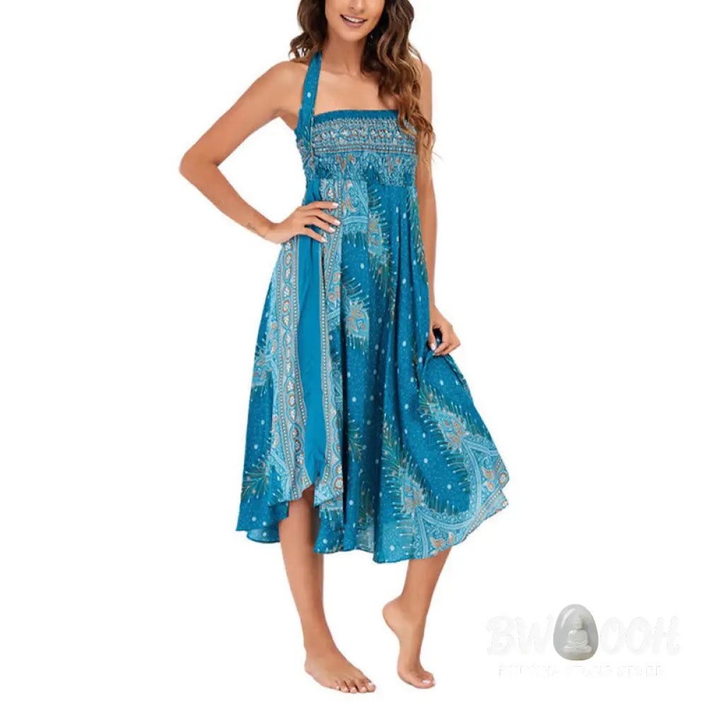Buddha Stones Two Style Wear Boho Summer Peacock Feather Lace-up Skirt Dress - Skirt&amp;Dress