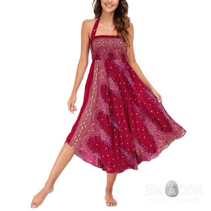 Buddha Stones Two Style Wear Boho Summer Peacock Feather Lace-up Skirt Dress - Skirt&amp;Dress