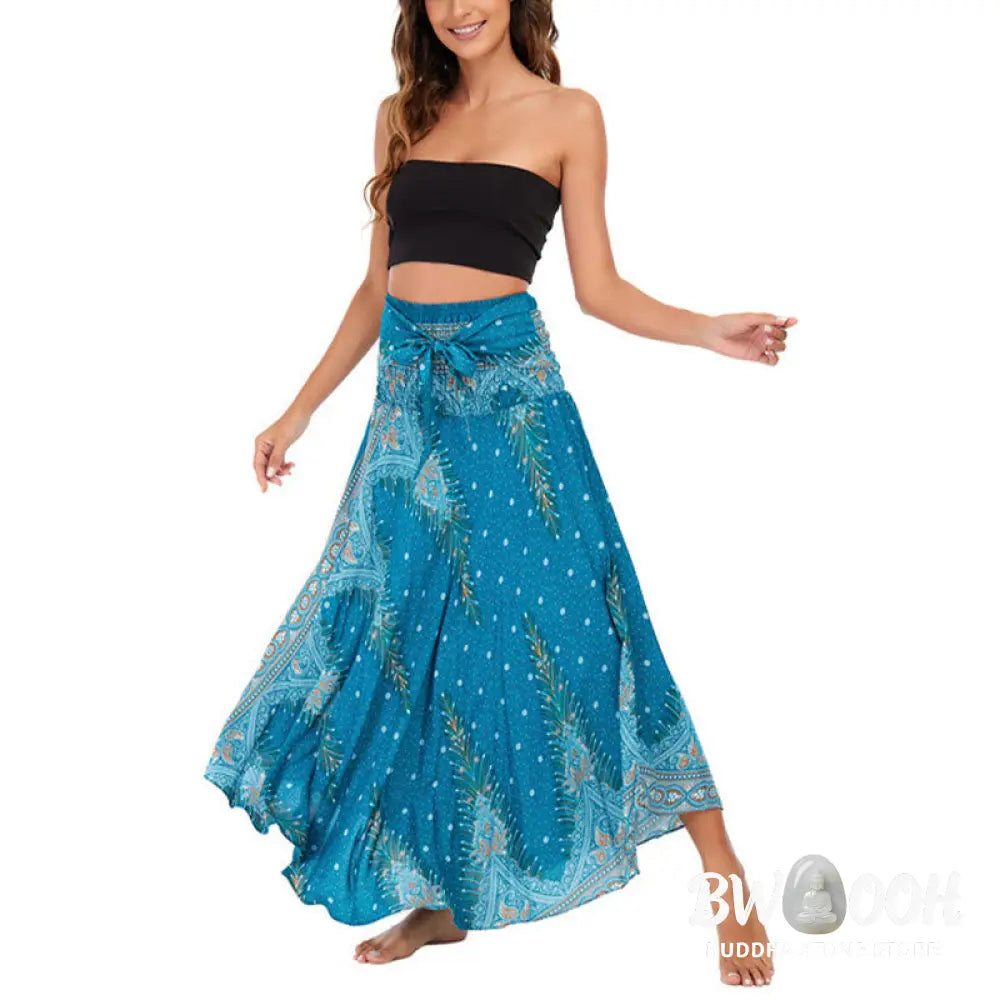 Buddha Stones Two Style Wear Boho Summer Peacock Feather Lace-up Skirt Dress - Skirt&Dress