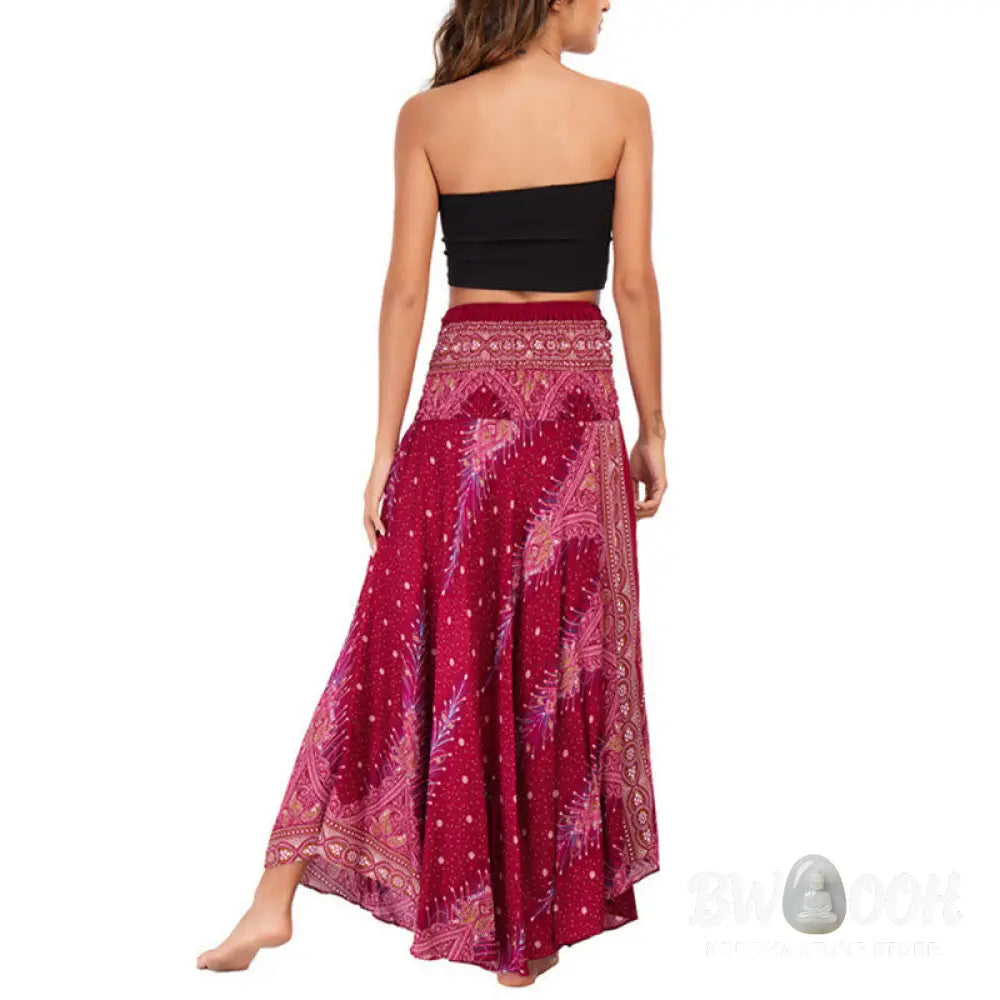Buddha Stones Two Style Wear Boho Summer Peacock Feather Lace-up Skirt Dress - Skirt&amp;Dress