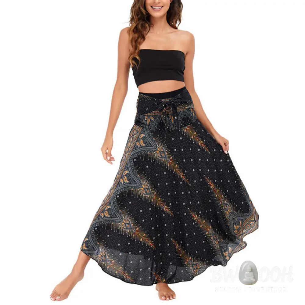 Buddha Stones Two Style Wear Boho Summer Peacock Feather Lace-up Skirt Dress - Skirt&amp;Dress