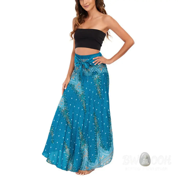 Buddha Stones Two Style Wear Boho Summer Peacock Feather Lace-up Skirt Dress - Skirt&amp;Dress