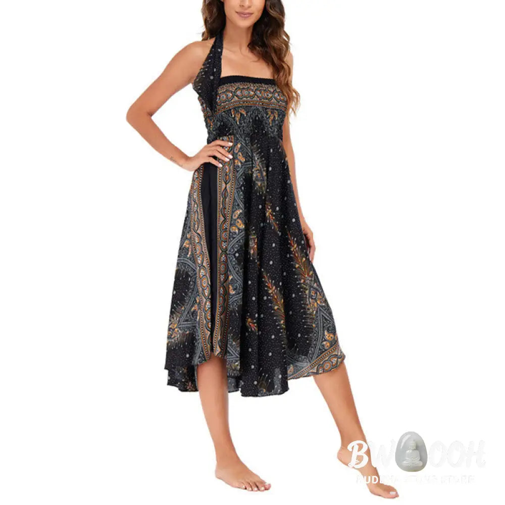 Buddha Stones Two Style Wear Boho Summer Peacock Feather Lace-up Skirt Dress - Skirt&amp;Dress