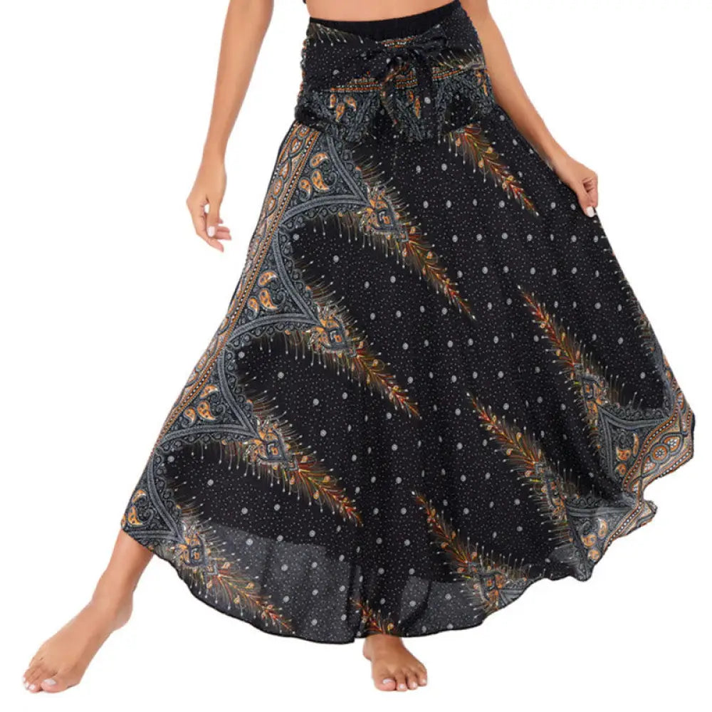 Buddha Stones Two Style Wear Boho Summer Peacock Feather Lace-up Skirt Dress - Black / US4-12，UK/AU8-16，EU36-44 (F)
