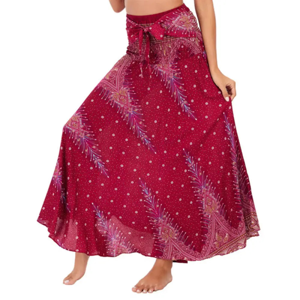 Buddha Stones Two Style Wear Boho Summer Peacock Feather Lace-up Skirt Dress - Crimson / US4-12，UK/AU8-16，EU36-44 (F)