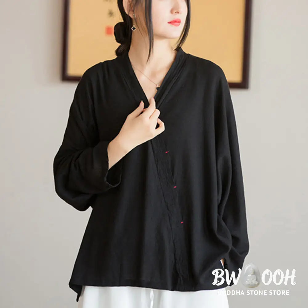 Buddha Stones V-Neck Blouse Women Shirt Long Sleeve Top Chinese Hanfu Style Clothing - Long Sleeve Shirt
