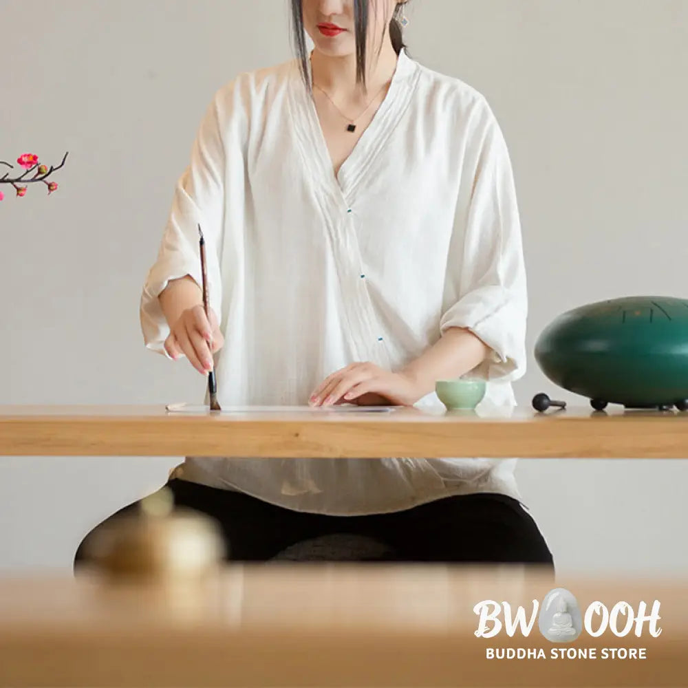 Buddha Stones V-Neck Blouse Women Shirt Long Sleeve Top Chinese Hanfu Style Clothing - Long Sleeve Shirt