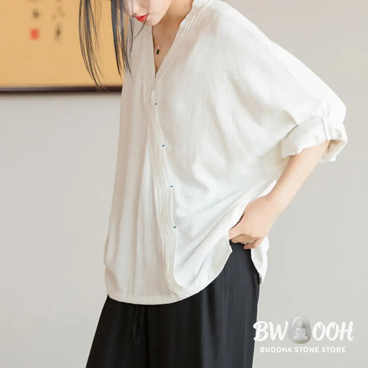 Buddha Stones V-Neck Blouse Women Shirt Long Sleeve Top Chinese Hanfu Style Clothing - Long Sleeve Shirt