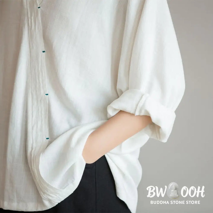 Buddha Stones V-Neck Blouse Women Shirt Long Sleeve Top Chinese Hanfu Style Clothing - Long Sleeve Shirt