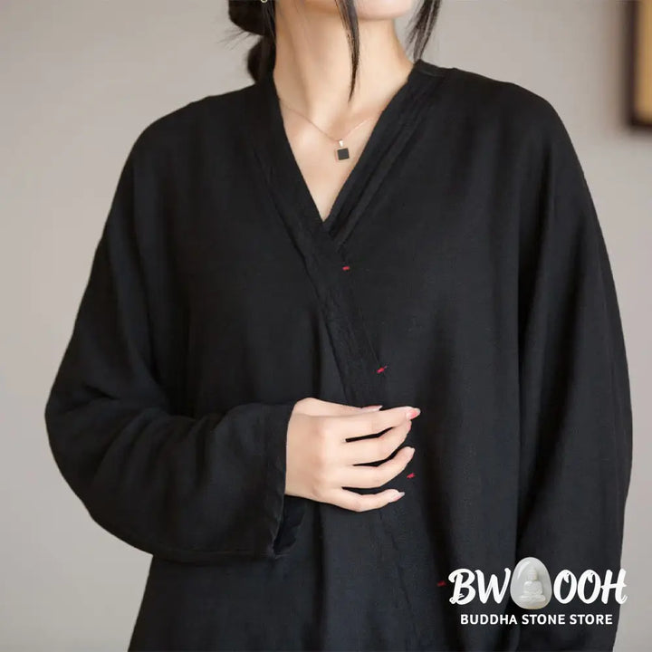 Buddha Stones V-Neck Blouse Women Shirt Long Sleeve Top Chinese Hanfu Style Clothing - Long Sleeve Shirt