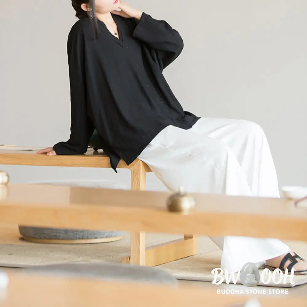 Buddha Stones V-Neck Blouse Women Shirt Long Sleeve Top Chinese Hanfu Style Clothing - Long Sleeve Shirt