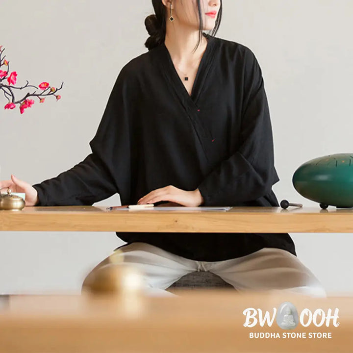 Buddha Stones V-Neck Blouse Women Shirt Long Sleeve Top Chinese Hanfu Style Clothing - Long Sleeve Shirt