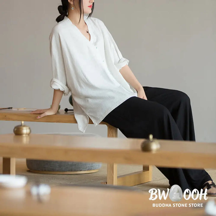 Buddha Stones V-Neck Blouse Women Shirt Long Sleeve Top Chinese Hanfu Style Clothing - Long Sleeve Shirt