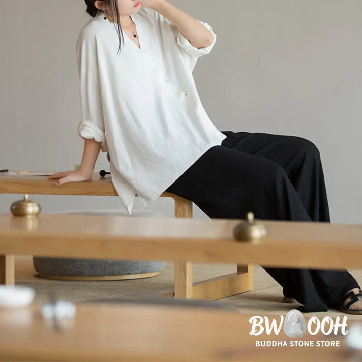 Buddha Stones V-Neck Blouse Women Shirt Long Sleeve Top Chinese Hanfu Style Clothing - Long Sleeve Shirt