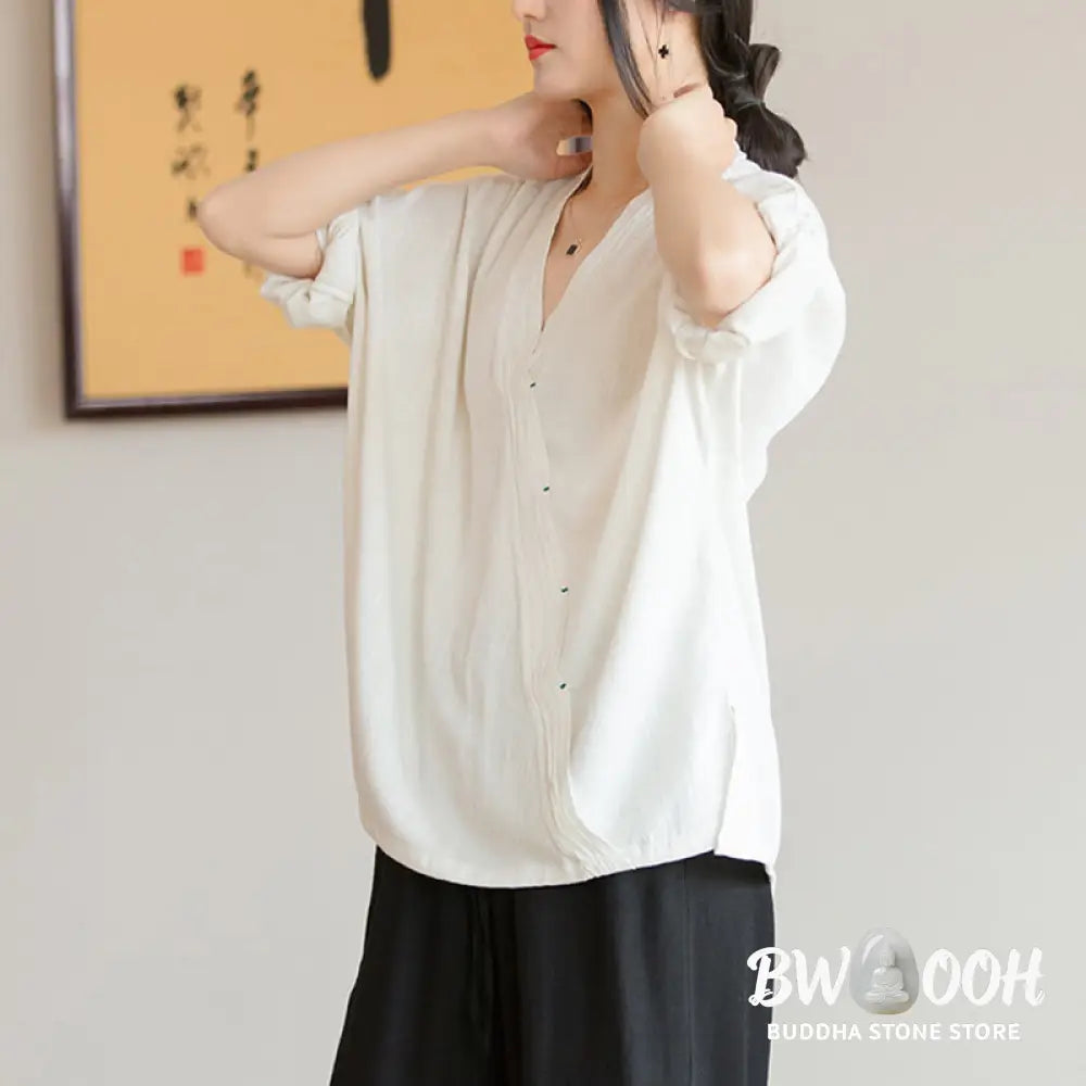 Buddha Stones V-Neck Blouse Women Shirt Long Sleeve Top Chinese Hanfu Style Clothing - Long Sleeve Shirt