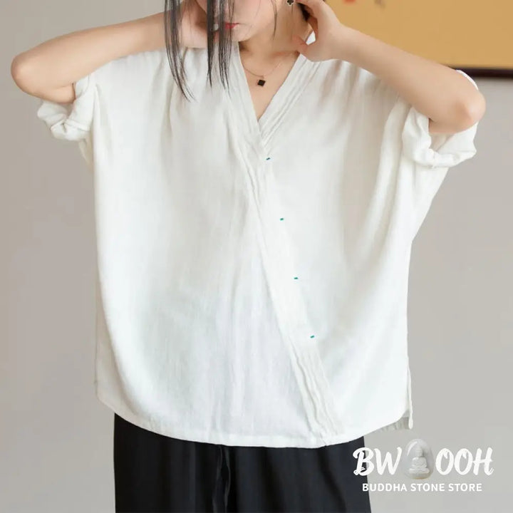 Buddha Stones V-Neck Blouse Women Shirt Long Sleeve Top Chinese Hanfu Style Clothing - Long Sleeve Shirt