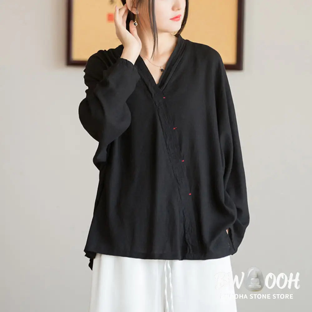 Buddha Stones V-Neck Blouse Women Shirt Long Sleeve Top Chinese Hanfu Style Clothing - Long Sleeve Shirt