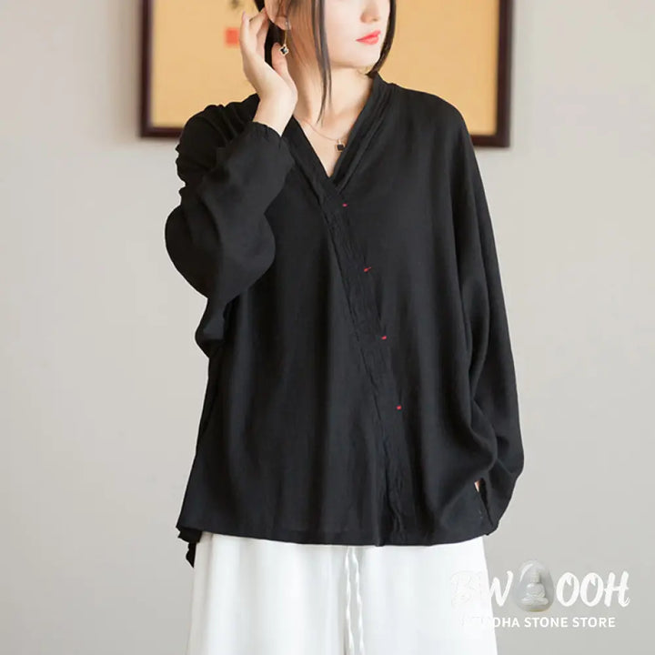 Buddha Stones V-Neck Blouse Women Shirt Long Sleeve Top Chinese Hanfu Style Clothing - Long Sleeve Shirt