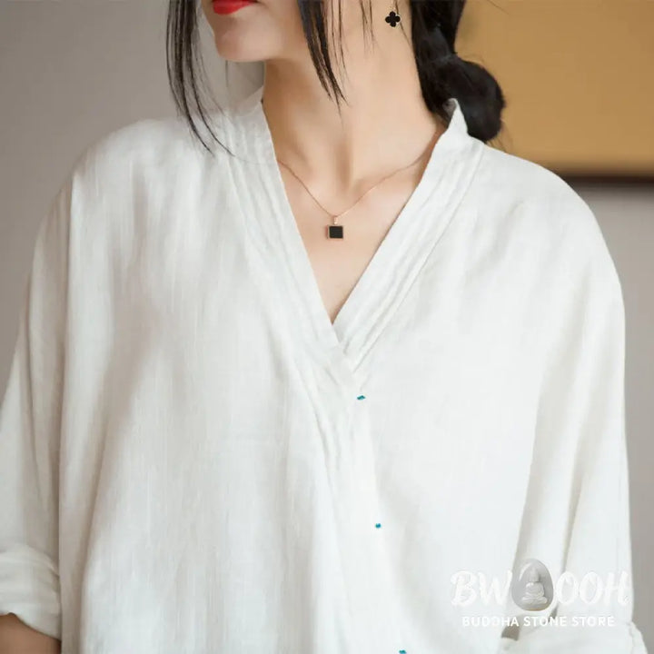 Buddha Stones V-Neck Blouse Women Shirt Long Sleeve Top Chinese Hanfu Style Clothing - Long Sleeve Shirt