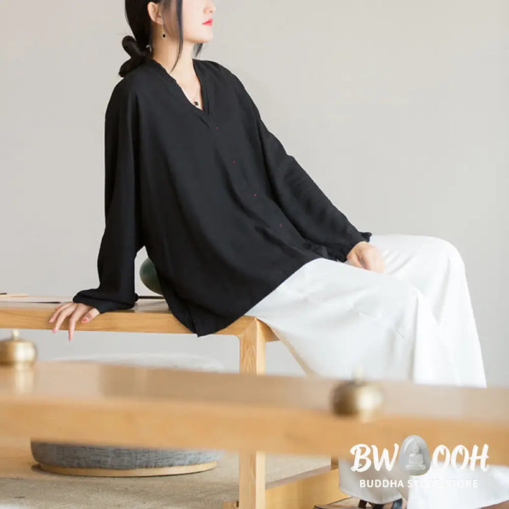 Buddha Stones V-Neck Blouse Women Shirt Long Sleeve Top Chinese Hanfu Style Clothing - Long Sleeve Shirt