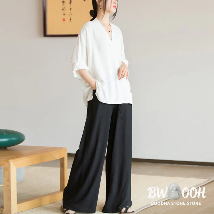 Buddha Stones V-Neck Blouse Women Shirt Long Sleeve Top Chinese Hanfu Style Clothing - Long Sleeve Shirt
