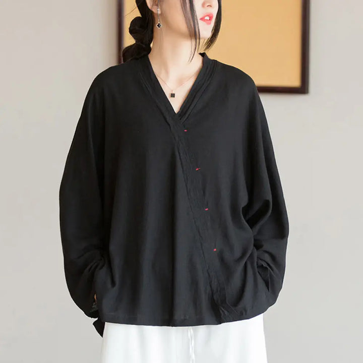 Buddha Stones V-Neck Blouse Women Shirt Long Sleeve Top Chinese Hanfu Style Clothing - Black(Bust 128cm)(Top Only)